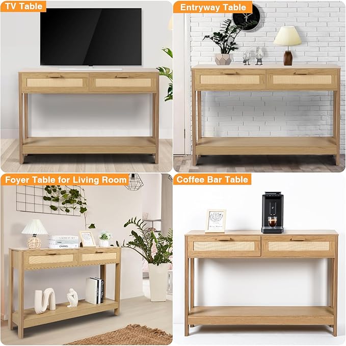 Console Table with Rattan Drawers, Boho Rattan Entryway Table with Storage, Wood Small Console Tables for Entryway, Entry Table for Hallway, Sofa Table