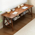 Extra Long Desk with Bookshelf - Wooden Home Office Work Study Table, 2-Person Writing Computer Workstation with Storage Shelf in Walnut, 71" Wx24 Dx30 H