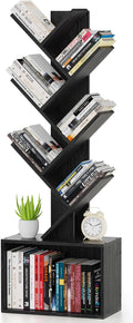 6 Tier Tree Bookshelf, Sturdy Retro Floor Standing Wood Bookcase, Storage Rack for Home Office, Living Room, Bedroom, Reading Spot, Heavy Book Organizer Shelves for CDs/DVDs/Movies, Black