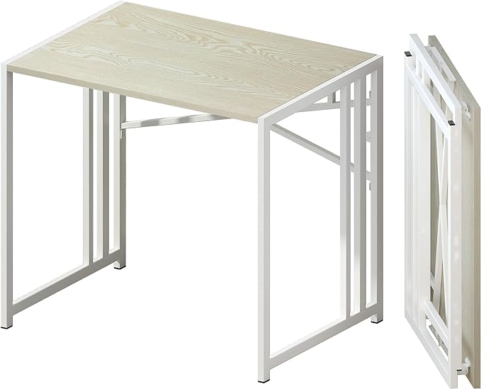 32 inch Small Folding Desk, Writing Gaming Computer Camping Desk for Small Spaces, No Assembly Required Home Office Desk, Natural and White