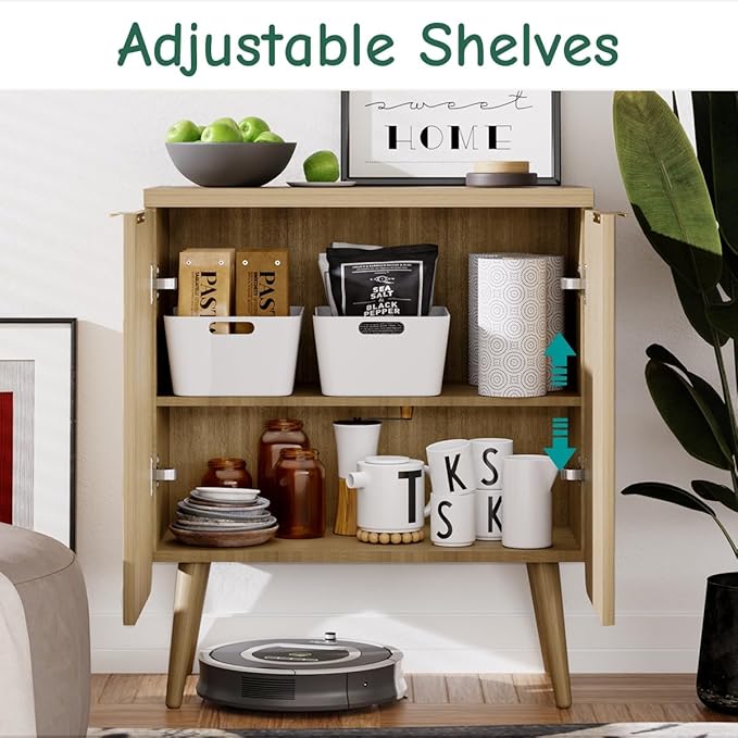 23.6" Sideboard Cabinet with 2 Doors, Modern Buffet Cabinet with Adjustable Shelf, Dining Room Sideboard, Fluted Buffet Sideboard for Living Room, Hallway, Entryway, Natual Oak