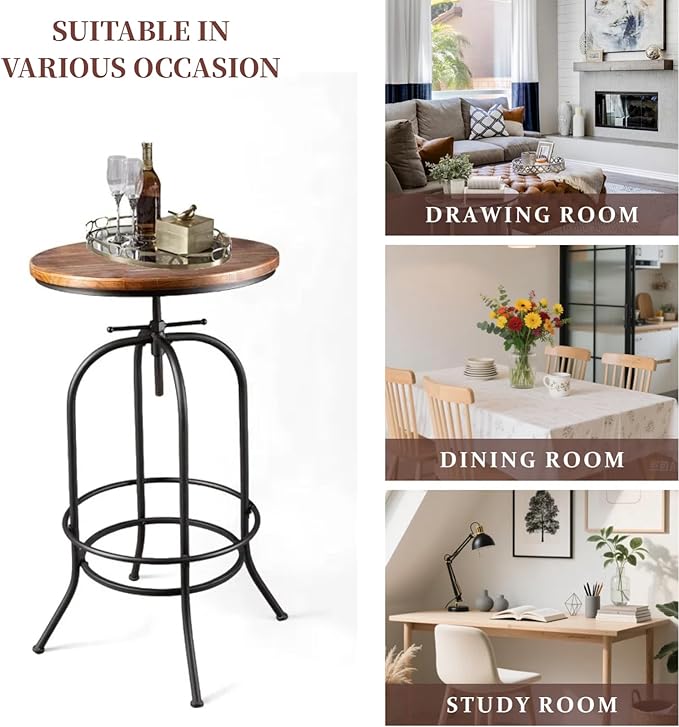 Industrial Bar Table Height Adjustable 37.4-45.3inch Vintage Swivel Pub Tables Solid Wood Top Metal Base with Footrest