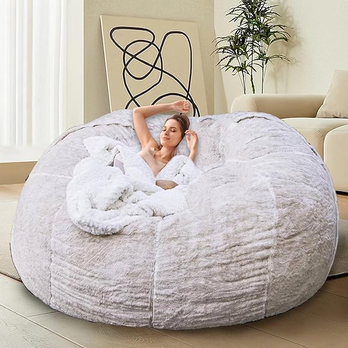 Bean Bag Chair for Adults Kids Without Filler Comfy Giant Round Lazy Sofa Chair Cover Floor Chair Cover for Bedroom Living Room, 7FT, White