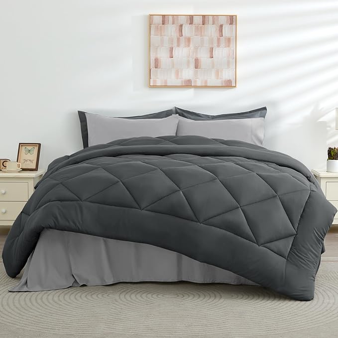HEVUMYI Twin Comforter Set - 5-Piece All Season Bed in a Bag Twin, Ultra Soft Bedding Set with Comforter, Flat Sheet, Fitted Sheet, Pillowcases, Pillow Shams, Dark Grey & Light Grey