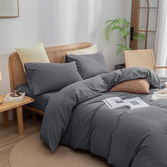 BESTOUCH Duvet Cover Set 100% Washed Cotton Linen Feel Super Soft Comfortable Chic Lightweight 2 PCs Home Bedding Set Solid Quiet Shade Grey/Twin XL