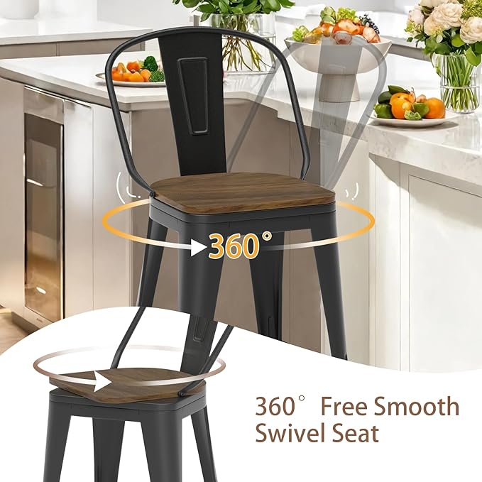 30” Swivel Bar Stools Set of 4, Counter Height Bar Stools Wooden Seat, Metal Industrial Bar Chairs with High Back for Kitchen Island (Black)