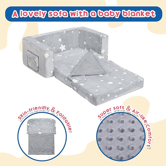 ALIMORDEN Fold Out Toddler Couch, Extra Wide Comfy 2-in-1 Cuddly Sherpa Sofa for Kids, with Removable Baby Friendly Blanket, Convertible Sofa to Bed, Star