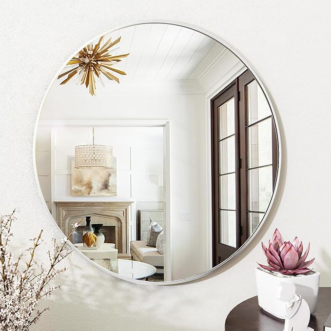 Silver Round Bathroom Mirror, 30 inch Circle Wall Mounted Hanging Mirror with Simple Modern Circular Metal Frame for Hallway, Entryway, Living Room, Silver Frame