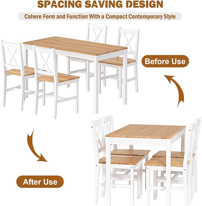 SogesPower Dining Table Set for 4, 5-Piece Wood Kitchen Dining Table Set with 4 Chairs for Kitchen Dining Room Restaurant Small Space, 47" White&Oak