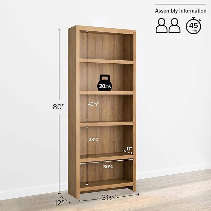 Prepac Moda 5-Tier Tall Wooden Bookcase, Oak Storage Cabinet, Display Cabinet, Bookshelf with Storage Shelves 31.75" W x 80" H x 12" D for Home Office, Living Room, Bedroom Organizer