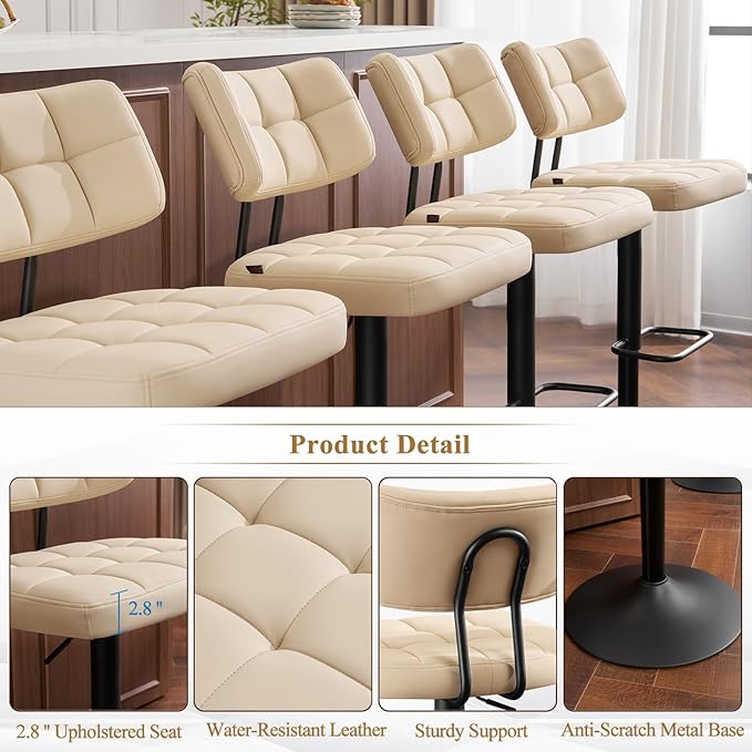 Furniliving Upholstered Bar Stools Set of 4, Faux Leather Swivel Bar Stools with Back, Adjustable Counter Height Barstools for Kitchen Island, Dining Space, Beige
