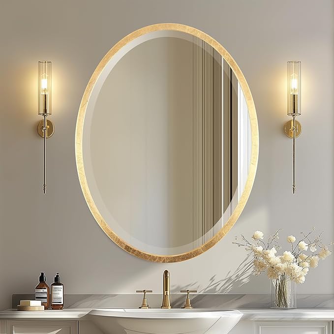 OVALCREST - Oval Wooden Beveled Wall Mirror for Home Decor, Bathroom, Vanity, Bedroom, Living Room, Hallway - London Style (Gold Leaf) 17.1 x 21.1