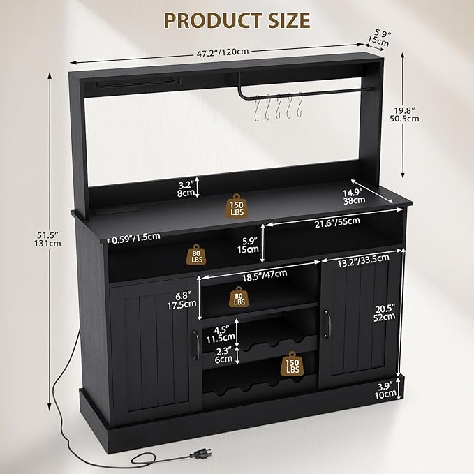 47" Farmhouse Buffet Sideboard Cabinet with Power Outlets Coffee Bar Cabinet with Storage, Large Buffet Storage Cabinet Table with Wine Racks, Goblet Holder, Hooks for Kitchen, Dining Room, Black