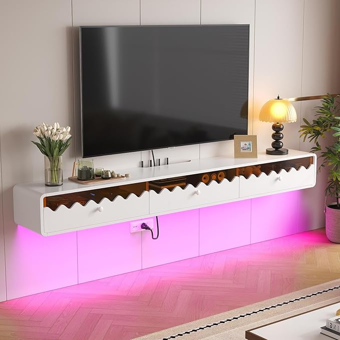 Floating TV Stand, 86IN Fully-Assembled Wall Mounted Wave Glass with Flip-Down Door & Drawers, Modern Media Entertainment Console Under TV Shelf for Livingroom