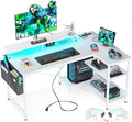 ODK 48 Inch Gaming Desk with USB Charging Ports and LED Lights, Reversible L Shaped Computer Desk with Storage Shelves & Monitor Stand, Corner Home Office Desk Table with Power Outlets, White
