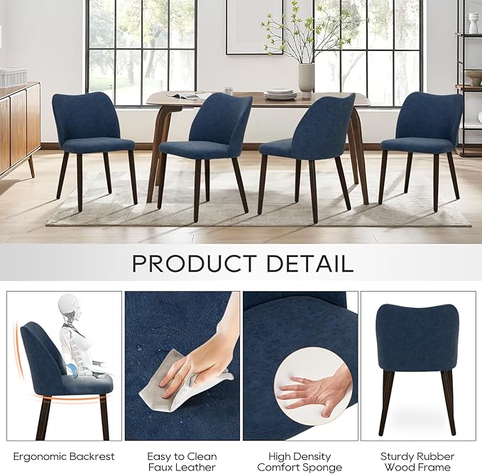 COLAMY Upholstered Dining Chairs Set of 6, Modern PU Leather Dining Room Kitchen Side Chair with Padded Seat and Wood Legs Restaurant/Cafe, Blue