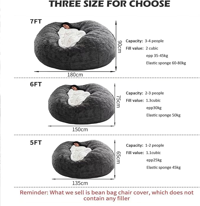 BCU Bean Bag Cover Comfy Beanbag Chair for Adults Without Filler Faux Fur Lazy Sofa Cover for Living Room Chairs, Black, 3.5FT