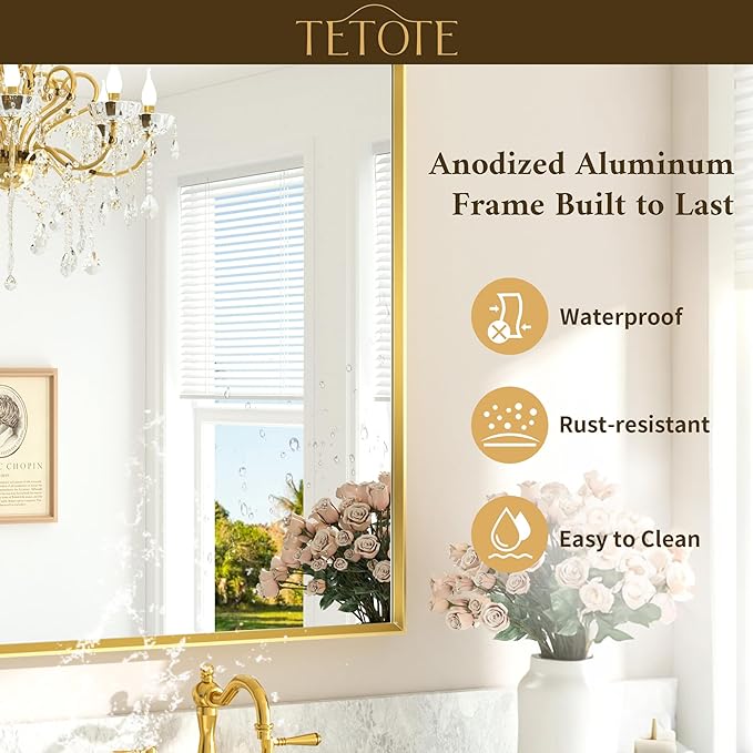 TETOTE Brushed Gold Mirror Beveled Frame 60" x 30" Large Brass Gold Rectangle Bathroom Vanity Wall Mirror for Over Sink, Modern Farmhouse, Tempered Glass, Shatterproof, Stronger Frame