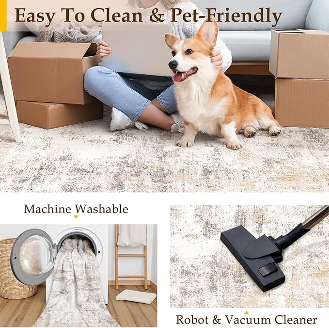 3x3 Washable Round Rug Beige Grey Neutral Abstract Entryway Non Slip Low Pile Area Rug Living Room Bedroom Indoor Doormat Small Soft Carpet for Entrance Bathroom Kitchen