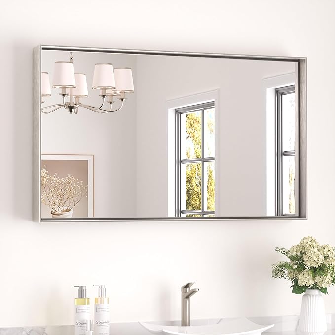 Keonjinn 40 x 24 in Brushed Nickel Bathroom Mirror for Wall, Silver Rectangular Metal Framed Vanity Mirror for Bathroom Sink Square Corner Aluminum Alloy Modern Rectangle Mirror(Horizontal/Vertical)