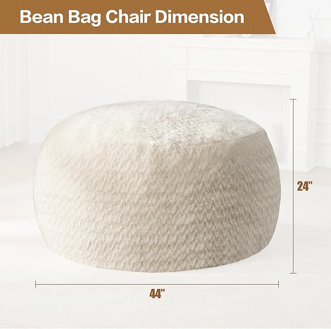 Hobestluk 4ft Bean Bag Chairs for Adults Large Beanbag Chair with Chevron Plush Fur Cover Big Bean Bag Chair for Living Room Bedroom Dorm Office - White (44” x 44” x 24”)