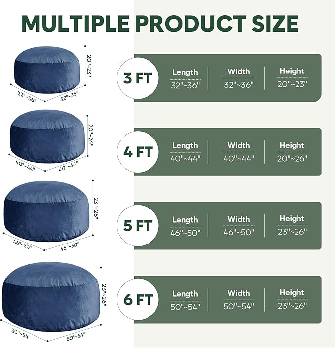 5 Ft Bean Bag Chairs for Adults with Memory Foam Filling, Comfy Bean Bag Sofa with Filler Included, Soft Dutch Velvet Fabric Beanbags,5 Foot, Navy