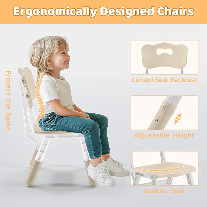 Kids Table & Chairs Set (2 Chairs) Height Adjustable for Ages 2-8 | Non-Slip Toddler Activity Table with Wipe-Clean Desktop, Montessori Learning & Art Drawing Table for Home Preschool
