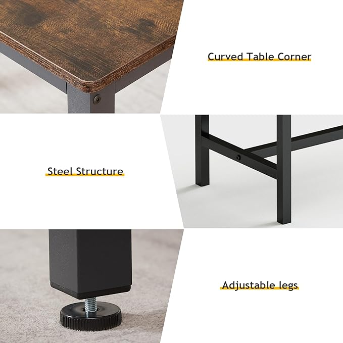 Rovibek Dining Room Table Chairs Set for 4, Modern Space Saving Kitchen Table with 2 Benches & Adjustable Feet Breakfast Table, Wooden Industrial Style Farmhouse, 43", Brown