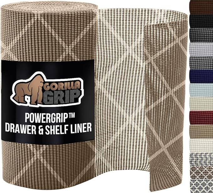 GORILLA GRIP powerGRIP Drawer Shelf and Cabinet Liner, Thick Strong Hold, Non-Adhesive Liners Protect Kitchen Cabinets and Cupboard, Bathroom Drawers, Easy Install, Breathable Mat, 12" x10', Beige