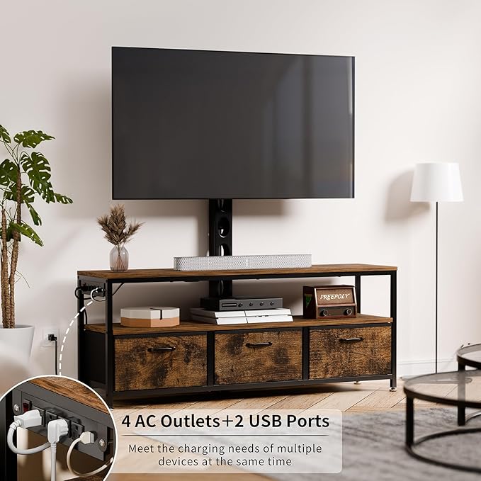 JUSTOGO TV Stand with Mount and Power Outlet, TV Stand with Drawers Storage for Living Room Bedroom, LED Entertainment Center for 45/55/60/65 inch, Height Adjustable Media Console, Rustic