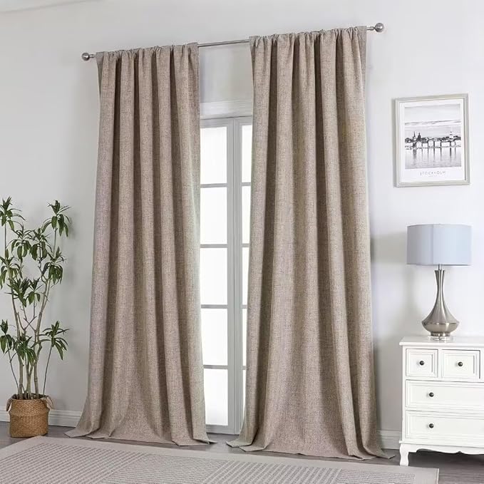 Joydeco Natural Linen Curtains 108 inch Length 2 Panels Set Burg 100% Blackout Patio Door Curtain Room Darkening Sliding Door Curtains Thermal Insulated Back tab Rod Pocket(105x108 inch, Linen)