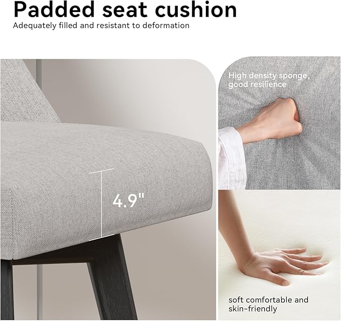 Counter Height Swivel Bar Stools Set of 3, 26 Inch Bar Stools with Footrest, Linen Fabric Upholstered Barstools with Back and Solid Wood Legs for Kitchen Island, Dining Room,Pub,Light Grey