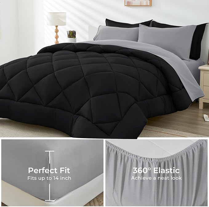 HEVUMYI Twin Comforter Set - 5-Piece All Season Bed in a Bag Twin, Ultra Soft Bedding Set with Comforter, Flat Sheet, Fitted Sheet, Pillowcases, Pillow Shams, Black & Light Grey