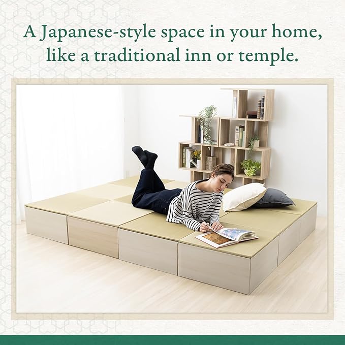 BJDesign Square Tatami Bench and Raised Platform Unit | Japanese Style Igusa Rush Grass Top | Wood Grain White, 24x24x11.6in | Easy Assembly, Durable | 2 Set