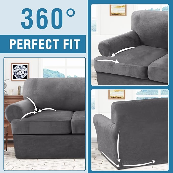 H.VERSAILTEX Sofa Cover 3 Piece T Cushion Loveseat Slipcovers Thick Velvet Couch Cover Stretch T Cushion Sofa Covers for 2 Cushion Couch with 2 Individual T Cushion Covers Washable, Grey