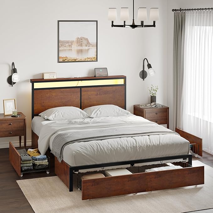 Queen Bed Frame with Storage Headboard and 4 Drawers Bed Frame Queen Size with Charging Station LED Lights Metal Platform Non-Slip Without Noise No Box Spring Needed