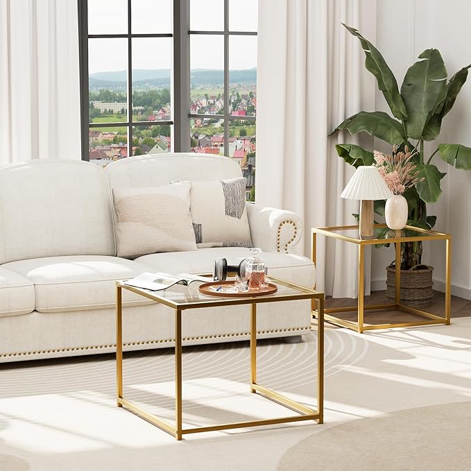 Garden 4 you Coffee Table Set of 2, Modern Glass Nesting Table, Metal Frame Square Center Table Set, Side Tables, Nesting Coffee Table for Living Room, Bedroom and Small Spaces, 23.6in Gold