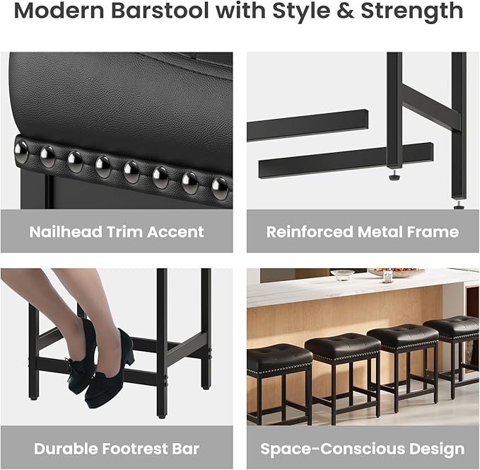 MALOL Set of 6 Saddle Bar Stools Counter Height 24.4”, Black Backless Barstools for Kitchen Island, Modern PU Leather Cushioned Seat, Bar Chairs for Kitchen Counter, Breakfast Bar Stools for Home