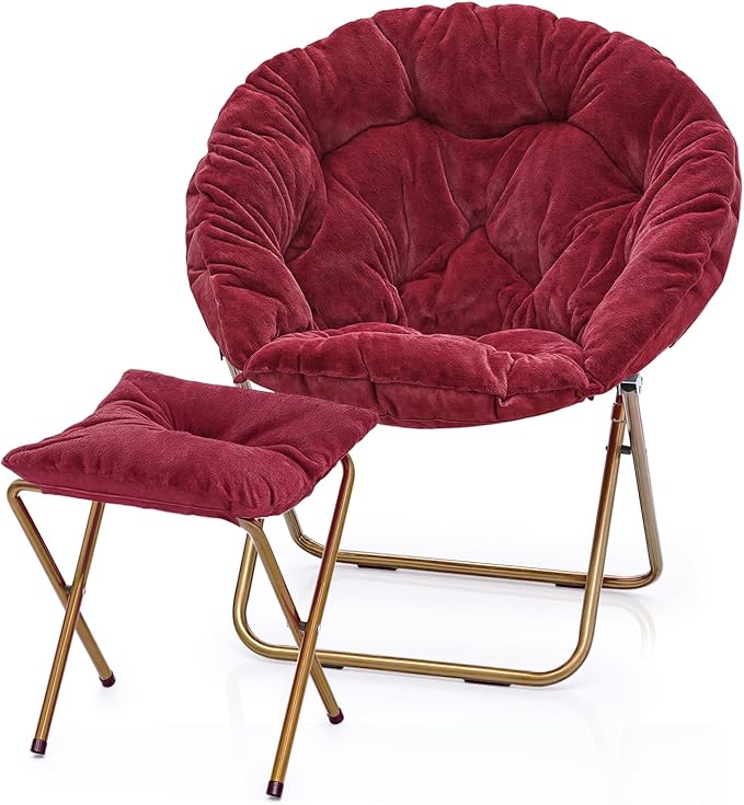 MoNiBloom Round Folding Faux Fur Saucer Chair for Bedroom Living Room Dorm Foldable Metal Frame Oversized Large Comfy Furry Padded Soft Cozy Moon Chair with Footrest Ottoman for Adults (Burgundy)
