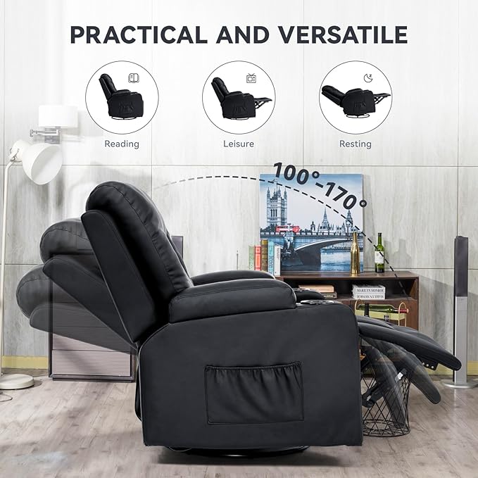 COMHOMA Living Room Furniture Set,Bonded Leather Loveseat Sofa with Cup Holder Recliner Chair,3+2,Black
