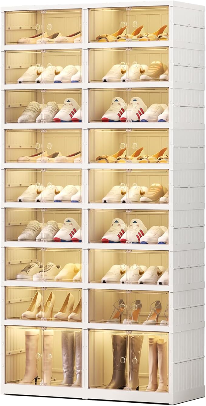 Foldable 9-Tier Shoe Rack Organizer for 18-36 Pairs - Collapsible Clear Plastic Shelf for Closet, Entrance or Front Door - Tall Stackable Folding Shoes Storage Boxes cabinet