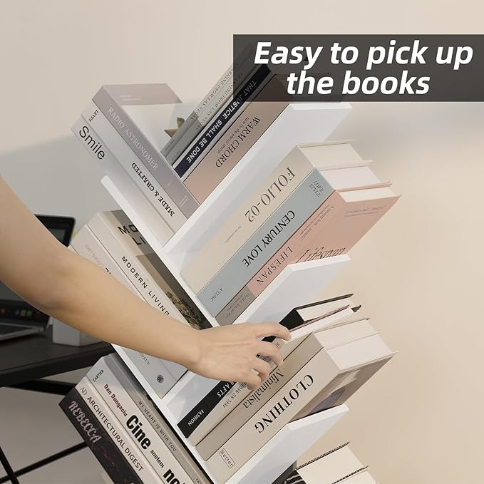 8 Tier Tree Bookshelf with Drawer, Free Standing Wood Bookcase for Narrow Space, Storage Organizer Bookshelves for Books, Book Case for Home Office, Living Room, Bedroom - Sweet White
