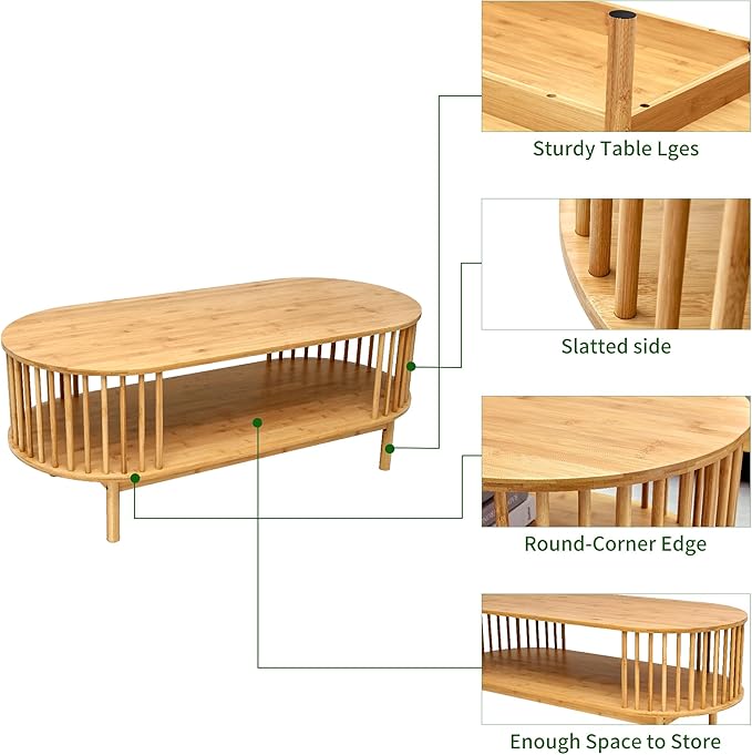 VaeFae Oval Coffee Table, Bamboo Coffee Table for Living Room, 2-Tier Wooden Farmhouse Center Table with Storage Shelf