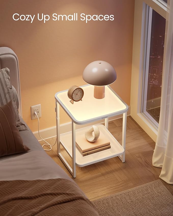 VASAGLE End Table, 2-Tier Side Table with LED Lights, Modern Nightstand, Square Bedside Table, Frosted Glass, Bottom Shelf, for Bedroom, Cloud White and Pearl White ULET232W01
