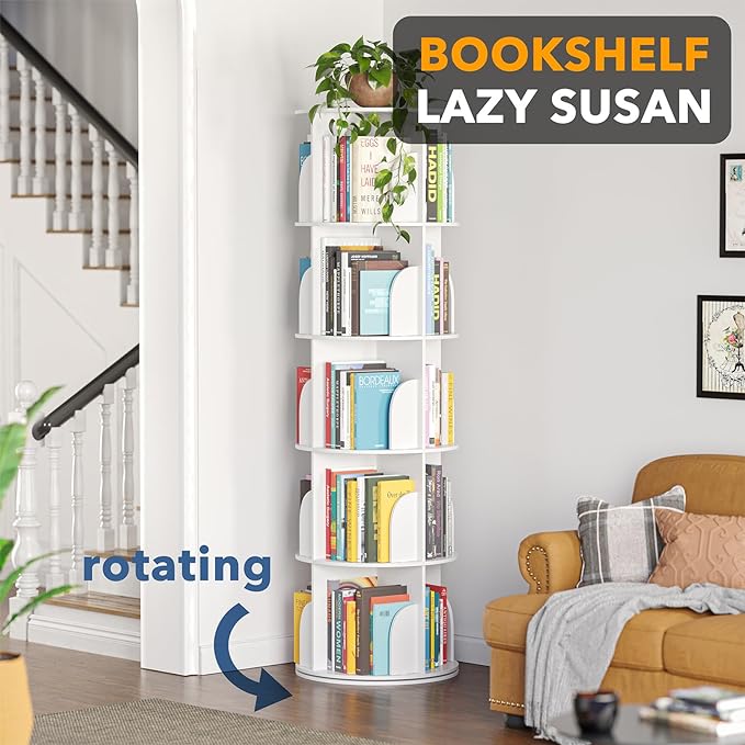 SpaceAid 5 Tier Rotating Bookshelf Tower, Spinning Bookcase Lazy Susan, Revolving 360 Book Shelf Storage Round Carousel, Vertical Rotate Turning Spiral Corner Organizer, White
