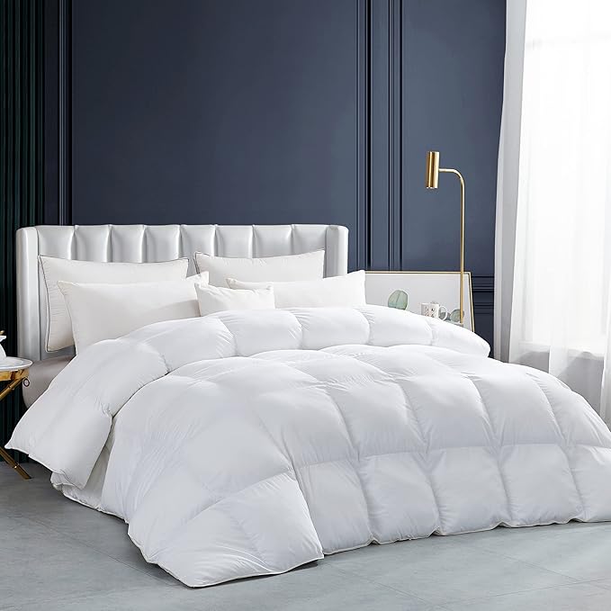 Luxurious White Solid Heavy Weight, King Size Goose Feathers Down Comforter for Winter Weather Duvet Insert, Premium Baffle Box, 100% Egyptian Cotton Cover, 70 oz. Fill Weight