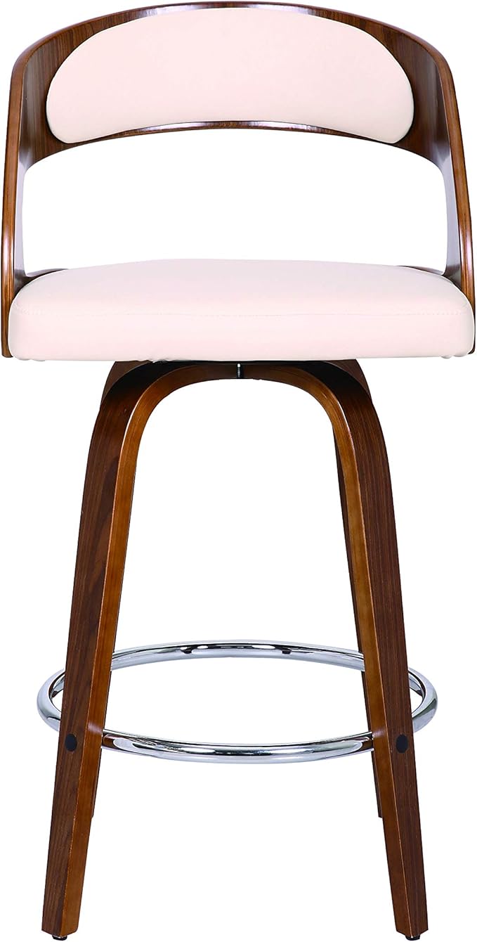 Armen Living Shelly 26" Counter Height Swivel Cream Faux Leather and Walnut Wood Bar Stool - Set of 2