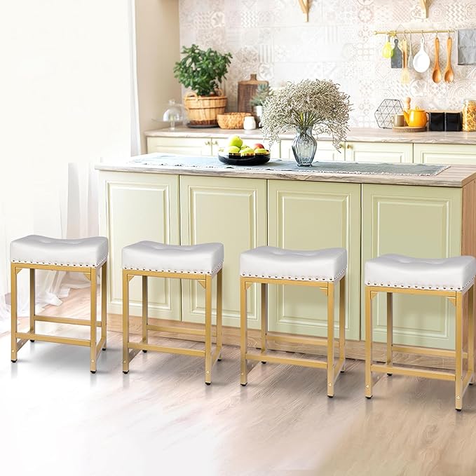 White & Gold Counter Height Bar Stools Set of 3, 24" Bar Stools for Kitchen Island, Modern Counter Stool Set of 3 Backless Saddle Barstools for Kitchen Dining Room White Gold