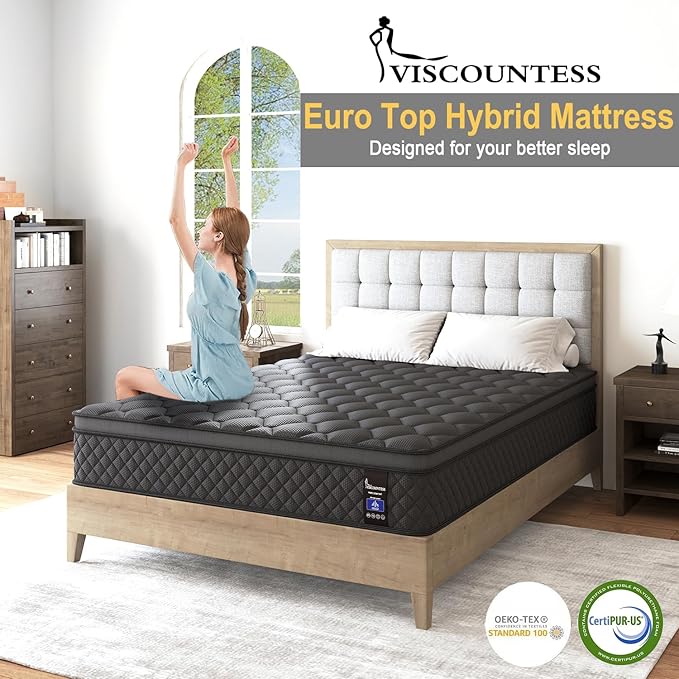 King Hybrid Mattress, 14 Inch Medium Mattress Euro Top for Back & Lumbar Support, 100 Night Trial, Individual Pocket Spring Bed for Motion Isolation & Pressure Relief