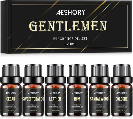 Gentlemen's Essential Oils Set - 6x10ML Mens Fragrance Oil for Candle Making, Diffuser - Sandalwood, Cedar, Leather, Sweet Tobacco, Bay Rum, Cologne Aromatherapy Oils for Men